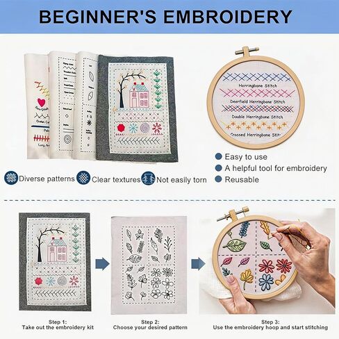 Fuoucsa 123 PCS Portable Embroidery Kit for Adults,Suitable for Craft Enthusiasts,Practical Beginners Embroidery Stitch Book Kit with Patterns,Tutorials and Full Sewing Tools for DIY Hand Embroidery in Saudi Arabia