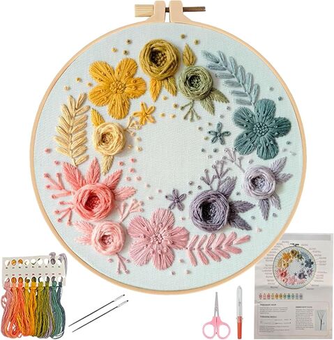 Herdiese Embroidery Kit for Beginners with Floral Garden Pattern – Easy Embroidery Kit Includes Stamped Fabric, 22 Stitches Guide, Cotton Thread, Hoop, Needles & Scissors – Craft Set in Saudi Arabia