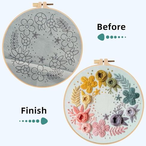Herdiese Embroidery Kit for Beginners with Floral Garden Pattern – Easy Embroidery Kit Includes Stamped Fabric, 22 Stitches Guide, Cotton Thread, Hoop, Needles & Scissors – Craft Set in Saudi Arabia