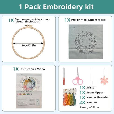 Herdiese Embroidery Kit for Beginners with Floral Garden Pattern – Easy Embroidery Kit Includes Stamped Fabric, 22 Stitches Guide, Cotton Thread, Hoop, Needles & Scissors – Craft Set in Saudi Arabia