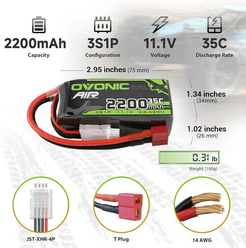 بطارية ليبو OVONIC 3S 11.1V 2200mAh 35C Max إلى 70C Deans Connector - عبوتان من البطاريات القصيرة 3S مع طاقة مفرطة لمركبات السيارات RC والقوارب بدون طيار والطائرة الرباعية والمروحية FPV (عبوتان) in Kuwait