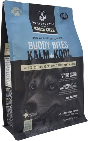 Majesty's Grain-Free Buddy Bites Kalm and Kool Wafers for Medium / Large Dogs - Superior Nervous System Support Supplement - Carob and Sweet Potato Flavored - 56 Count (Up To 8 Week Supply) in Saudi Arabia