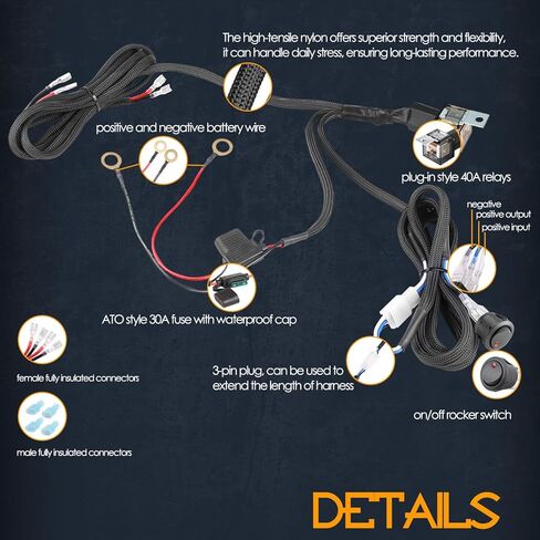 Wiring Harness 2 Lead, Nirider 12V 40A Rocker Switch Relay Fuse Nylon Wiring Harness Kit for LED Light Bars Fog Lights Work Lights Driving Lights Offroad LED Pods Wire Kit for Truck UTV ATV Boat in Saudi Arabia