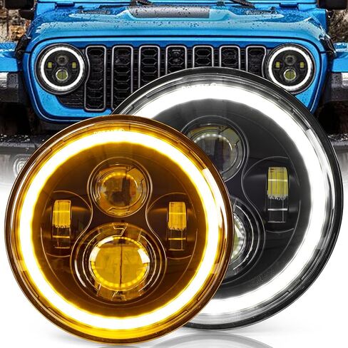 HILLSKING 7 Inch Led halo Headlights Round for Jeep Wrangler JK TJ LJ/Plug and Play with White/Amber DRL, Built-in Turn Signal, High/Low Beam Projector(Fits H6024) in Saudi Arabia