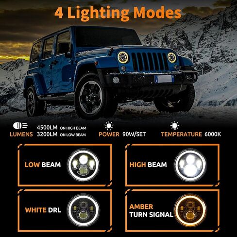 HILLSKING 7 Inch Led halo Headlights Round for Jeep Wrangler JK TJ LJ/Plug and Play with White/Amber DRL, Built-in Turn Signal, High/Low Beam Projector(Fits H6024) in Saudi Arabia