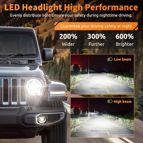 HILLSKING 7 Inch Led halo Headlights Round for Jeep Wrangler JK TJ LJ/Plug and Play with White/Amber DRL, Built-in Turn Signal, High/Low Beam Projector(Fits H6024) in Saudi Arabia