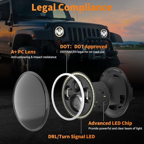 HILLSKING 7 Inch Led halo Headlights Round for Jeep Wrangler JK TJ LJ/Plug and Play with White/Amber DRL, Built-in Turn Signal, High/Low Beam Projector(Fits H6024) in Saudi Arabia