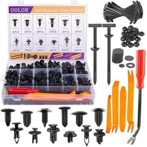 Uolor 335PCS Bumper Retainer Clips & Auto Plastic Push Pin Rivets Kit, 12 Popular Sizes, with Upgraded T Style Zip Ties - for Door Trim Panel & Fender, Fits GM/Ford/Toyota/Honda/Chrysler in Saudi Arabia