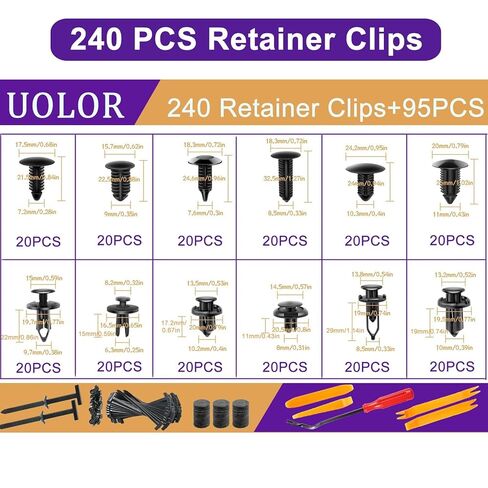 Uolor 335PCS Bumper Retainer Clips & Auto Plastic Push Pin Rivets Kit, 12 Popular Sizes, with Upgraded T Style Zip Ties - for Door Trim Panel & Fender, Fits GM/Ford/Toyota/Honda/Chrysler in Saudi Arabia