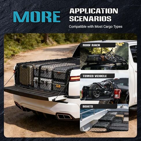 Cargo Net for Pickup Truck Bed - Stretchable 4'x4' to 8'x8', High Elastic Fine Mesh 1'‘x1’' - Cargo Mesh Organizer Ideal for ATV, SUV, UTV, Truck and Boat Use (Single Layer) in Saudi Arabia