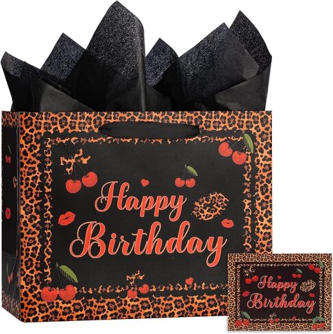 Black Red Cheetah and Cherry Birthday Gift Bag with Tissue Paper Greeting Card for Girl Women Cheetah Print Wrapping Paper for Cheetah Print Birthday Party Supplies in Saudi Arabia