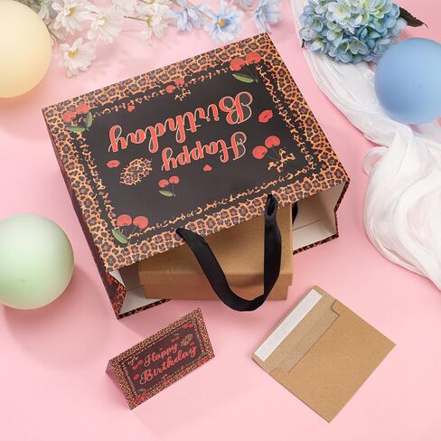 Black Red Cheetah and Cherry Birthday Gift Bag with Tissue Paper Greeting Card for Girl Women Cheetah Print Wrapping Paper for Cheetah Print Birthday Party Supplies in Saudi Arabia