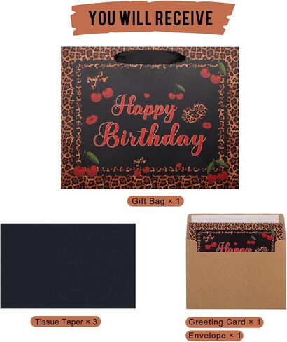 Black Red Cheetah and Cherry Birthday Gift Bag with Tissue Paper Greeting Card for Girl Women Cheetah Print Wrapping Paper for Cheetah Print Birthday Party Supplies in Saudi Arabia