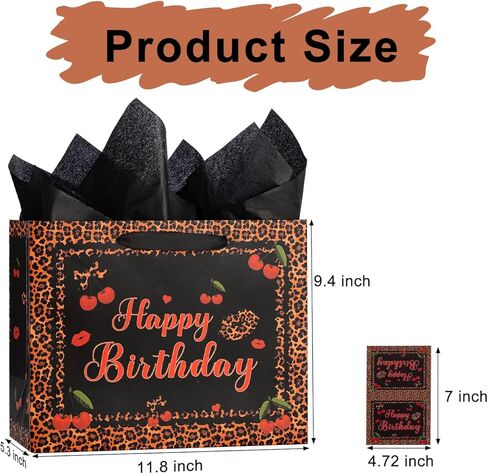 Black Red Cheetah and Cherry Birthday Gift Bag with Tissue Paper Greeting Card for Girl Women Cheetah Print Wrapping Paper for Cheetah Print Birthday Party Supplies in Saudi Arabia