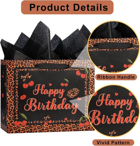 Black Red Cheetah and Cherry Birthday Gift Bag with Tissue Paper Greeting Card for Girl Women Cheetah Print Wrapping Paper for Cheetah Print Birthday Party Supplies in Saudi Arabia
