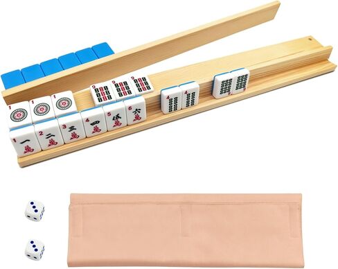 Mahjong Racks with Magnetic Pushers for American Mahjong, 17.3 Inch Wooden Tile Holder Set of 4, Adult Card Game Accessories with Dice and Storage Bags in Saudi Arabia