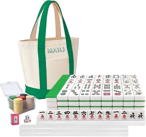 Chinese Mahjong Tiles Set,30mm 144 Mahjong Game with Portable Storage Bags, 4 Racks, Scoring, Plastic Coins Dices for Adults & Enthusiasts in Saudi Arabia