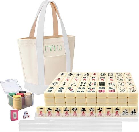 Chinese Mahjong Tiles Set,30mm 144 Mahjong Game with Portable Storage Bags, 4 Racks, Scoring, Plastic Coins Dices for Adults & Enthusiasts in Saudi Arabia