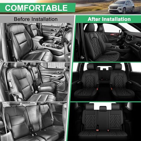 أغطية مقاعد السيارة لسيارة Chevy Traverse 2018-2023 - مجموعة كاملة من 7 مقاعد لسيارة شيفروليه ترافيرس LT، Premier، RS، High Country: ملحقات ترافيرس لحماية المقعد من الجلد الصناعي المسامي (أسود) in Kuwait
