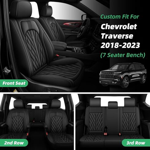 أغطية مقاعد السيارة لسيارة Chevy Traverse 2018-2023 - مجموعة كاملة من 7 مقاعد لسيارة شيفروليه ترافيرس LT، Premier، RS، High Country: ملحقات ترافيرس لحماية المقعد من الجلد الصناعي المسامي (أسود) in Kuwait