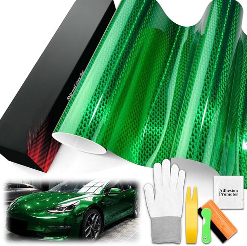 1FTx5FT PET Stealth Carbon Fiber Gloss Green Emerald Vinyl Wrap Auto Car ملصق مائي فيلم ورقة فقاعة خالية من تكنولوجيا إطلاق الهواء مع مجموعة أدوات in Kuwait