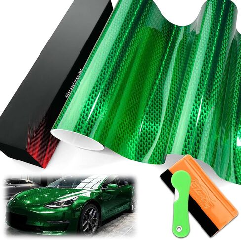 1FTx5FT PET Stealth Carbon Fiber Gloss Green Emerald Vinyl Wrap Auto Car ملصق مائي فيلم ورقة فقاعة خالية من تكنولوجيا إطلاق الهواء مع مجموعة أدوات in Kuwait