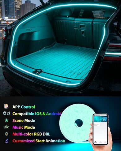 LED Trunk Light Strip for Tesla Model Y & Juniper 2021-2026, APP-Controlled RGB Ambient Neon Lights with Auto On/Off, Waterproof Silicone for Car Trunk & Camping Atmosphere in Kuwait