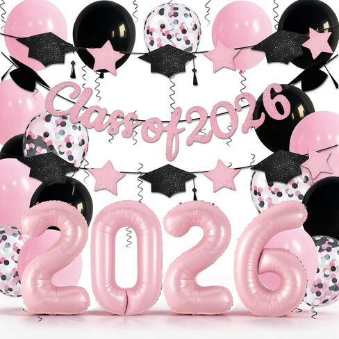 Graduation Balloons Class of 2026, 32 Inch Pink 2026 Number Foil Balloons Star Cap Garland Banner Pastel Pink Black Confetti Balloons Set for Senior High School College Congrats Grad Party Decorations in Kuwait