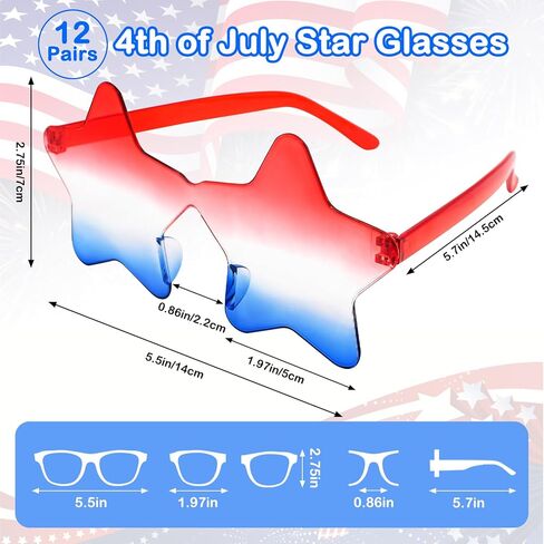 4th of July Star Glasses 12 Pairs Fourth of July Party Favors Red Blue White American Flag Sunglasses for Kids Women Independence Day Gifts Patriotic Sunglasses for Pool Party in USA Decorations in Saudi Arabia