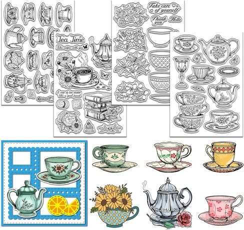 GLOBLELAND 4 Sheets Teacup Flowers Clear Stamps for Scrapbooking Afternoon Tea Silicone Stamps Tableware Transparent Stamp Set for Card Making DIY Embossing Journaling in Kuwait