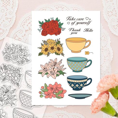 GLOBLELAND 4 Sheets Teacup Flowers Clear Stamps for Scrapbooking Afternoon Tea Silicone Stamps Tableware Transparent Stamp Set for Card Making DIY Embossing Journaling in Kuwait