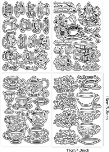 GLOBLELAND 4 Sheets Teacup Flowers Clear Stamps for Scrapbooking Afternoon Tea Silicone Stamps Tableware Transparent Stamp Set for Card Making DIY Embossing Journaling in Kuwait
