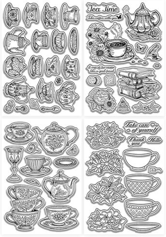 GLOBLELAND 4 Sheets Teacup Flowers Clear Stamps for Scrapbooking Afternoon Tea Silicone Stamps Tableware Transparent Stamp Set for Card Making DIY Embossing Journaling in Kuwait