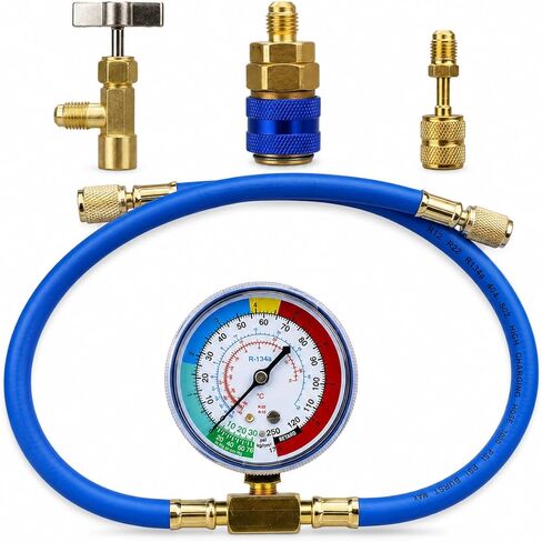 R134A AC Refrigerant Charging Hose Kit with Pressure Gauge, 1/2" Self-Piercing Can Tap Valve, Low-Side Quick-Connect Coupler with R410a Adapter for Automotive Air Conditioning Recharge in Saudi Arabia