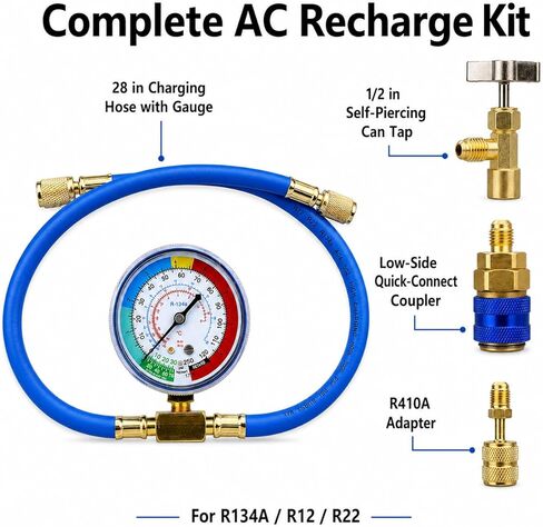 R134A AC Refrigerant Charging Hose Kit with Pressure Gauge, 1/2" Self-Piercing Can Tap Valve, Low-Side Quick-Connect Coupler with R410a Adapter for Automotive Air Conditioning Recharge in Saudi Arabia