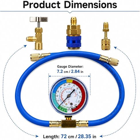 R134A AC Refrigerant Charging Hose Kit with Pressure Gauge, 1/2" Self-Piercing Can Tap Valve, Low-Side Quick-Connect Coupler with R410a Adapter for Automotive Air Conditioning Recharge in Saudi Arabia