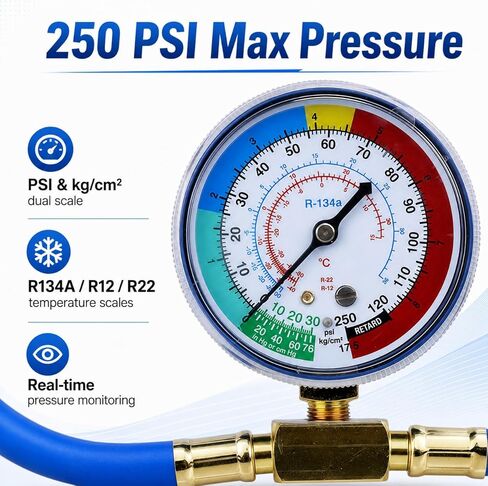 R134A AC Refrigerant Charging Hose Kit with Pressure Gauge, 1/2" Self-Piercing Can Tap Valve, Low-Side Quick-Connect Coupler with R410a Adapter for Automotive Air Conditioning Recharge in Saudi Arabia