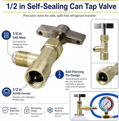 R134A AC Refrigerant Charging Hose Kit with Pressure Gauge, 1/2" Self-Piercing Can Tap Valve, Low-Side Quick-Connect Coupler with R410a Adapter for Automotive Air Conditioning Recharge in Saudi Arabia
