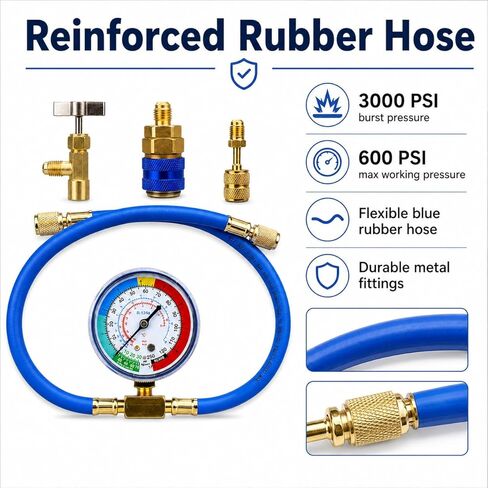 R134A AC Refrigerant Charging Hose Kit with Pressure Gauge, 1/2" Self-Piercing Can Tap Valve, Low-Side Quick-Connect Coupler with R410a Adapter for Automotive Air Conditioning Recharge in Saudi Arabia