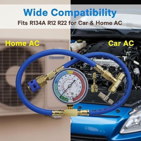 R134A AC Refrigerant Charging Hose Kit with Pressure Gauge, 1/2" Self-Piercing Can Tap Valve, Low-Side Quick-Connect Coupler with R410a Adapter for Automotive Air Conditioning Recharge in Saudi Arabia
