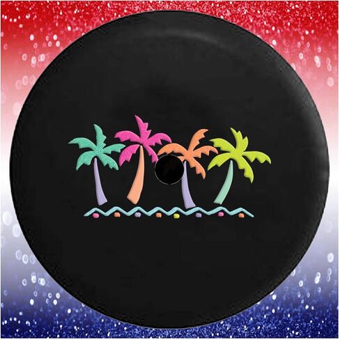 Tropical Palm Trees in Simple Beach Vacation Black Spare Tire Cover 32-33 Inch for Jeep Wrangler JL RV SUV Camper Trailer - Waterproof Dustproof UV Resistant with Backup Camera Hole in Kuwait