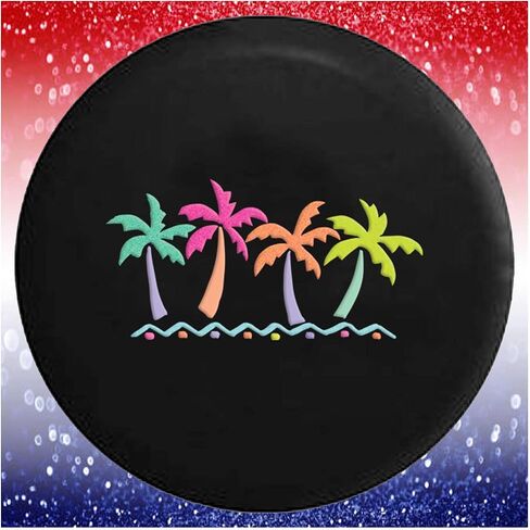 Tropical Palm Trees in Simple Beach Vacation Black Spare Tire Cover 32-33 Inch for Jeep Wrangler JL RV SUV Camper Trailer - Waterproof Dustproof UV Resistant with Backup Camera Hole in Kuwait