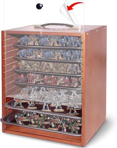 Miniature Display Case with 6 Removable Trays, Wooden Collectibles Storage Box with Clear Lid, Portable Miniatures Organizer for Tabletop Figurines & Models in Saudi Arabia