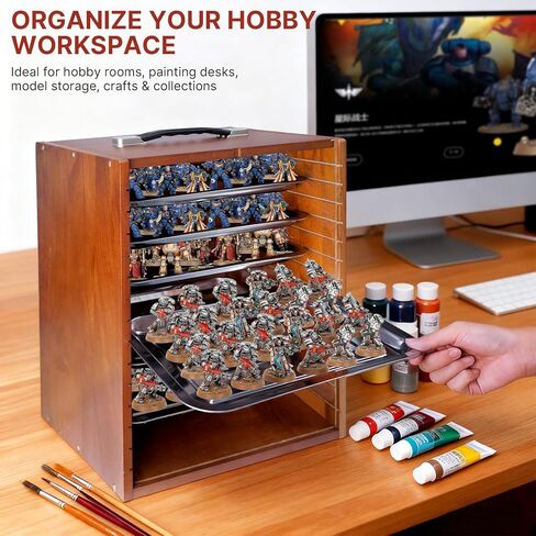 Miniature Display Case with 6 Removable Trays, Wooden Collectibles Storage Box with Clear Lid, Portable Miniatures Organizer for Tabletop Figurines & Models in Saudi Arabia