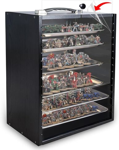 Miniature Display Case with 6 Removable Trays, Wooden Collectibles Storage Box with Clear Lid, Portable Miniatures Organizer for Tabletop Figurines & Models in Saudi Arabia