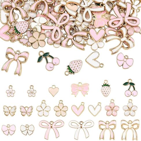 SUNNYCLUE 1 صندوق 80 قطعة 20 نمط Coquette Bow Charms زهرة وردية سحر السائبة سبيكة المينا Bowknot لوليتا الكرز الفراولة ربطة عنق عقدة المعلقات لصنع المجوهرات DIY القلائد القرط الحرف حقيبة ديكور in Kuwait