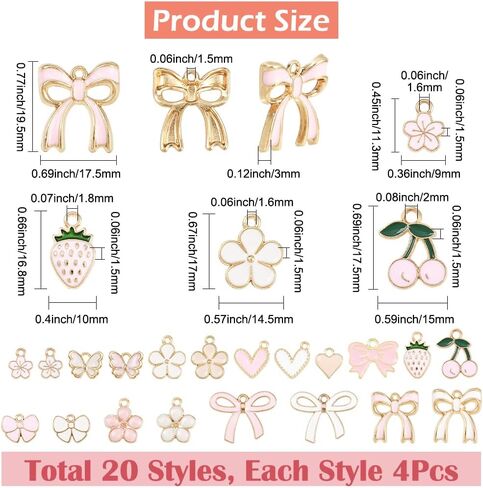 SUNNYCLUE 1 صندوق 80 قطعة 20 نمط Coquette Bow Charms زهرة وردية سحر السائبة سبيكة المينا Bowknot لوليتا الكرز الفراولة ربطة عنق عقدة المعلقات لصنع المجوهرات DIY القلائد القرط الحرف حقيبة ديكور in Kuwait