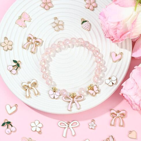 SUNNYCLUE 1 صندوق 80 قطعة 20 نمط Coquette Bow Charms زهرة وردية سحر السائبة سبيكة المينا Bowknot لوليتا الكرز الفراولة ربطة عنق عقدة المعلقات لصنع المجوهرات DIY القلائد القرط الحرف حقيبة ديكور in Kuwait