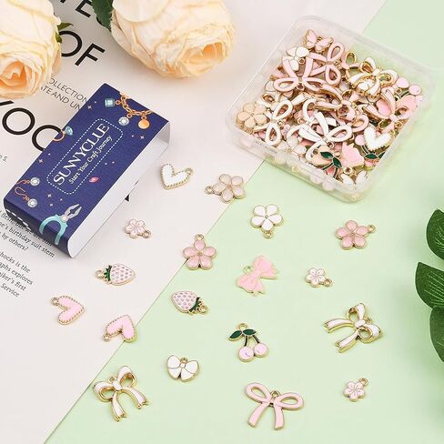 SUNNYCLUE 1 صندوق 80 قطعة 20 نمط Coquette Bow Charms زهرة وردية سحر السائبة سبيكة المينا Bowknot لوليتا الكرز الفراولة ربطة عنق عقدة المعلقات لصنع المجوهرات DIY القلائد القرط الحرف حقيبة ديكور in Kuwait