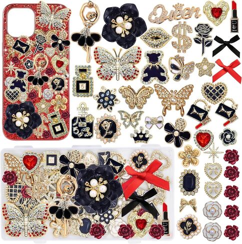 Junk Case Charms,Red & Black Bow Flower Charm for Phone Cases,3D Gold Butterfly Rhinestone Junk Case Kit, Elegant Heart Rose Bear Big Charms,Bling Flat Back Junk Charm Kit for Junk Socks, Shoes, Phone Cases, Bracelets & Customizing DIY Craft Accessories in Saudi Arabia